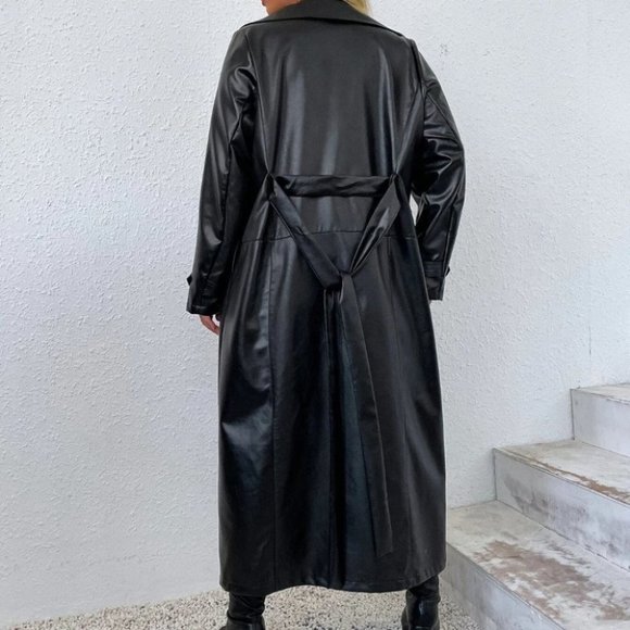 PLUS SIZE BLACK PU LEATHER COLLAR BELTED TRENCH COAT - Picture 7 of 7